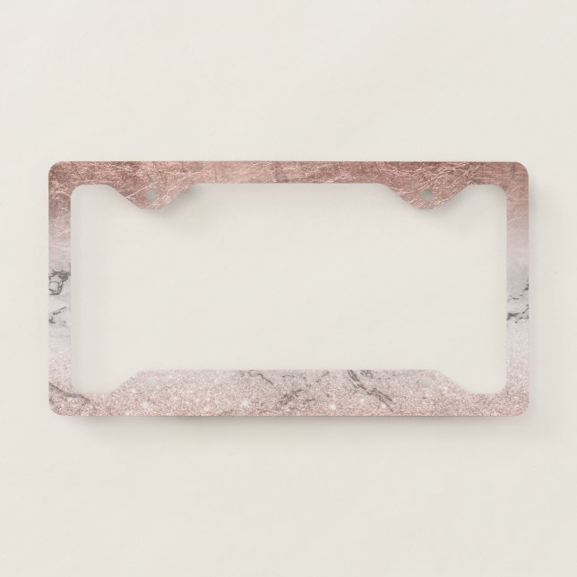 Stylish rose gold glitter foil ombre white marble license plate frame (Front)