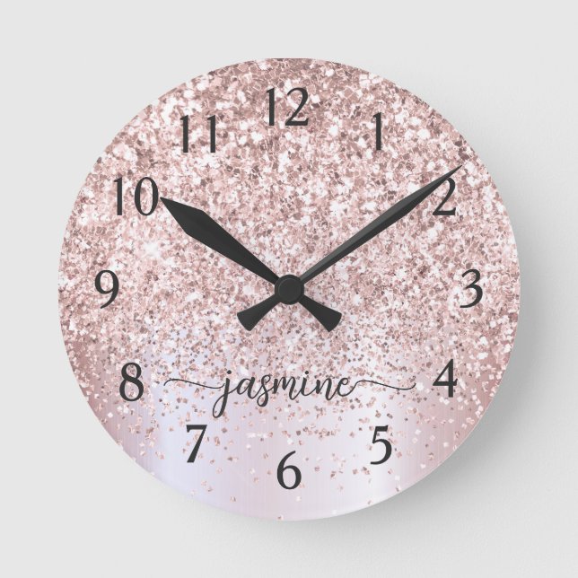 Stylish Rose Gold Glitter Metallic Monogram Name  Round Clock (Front)