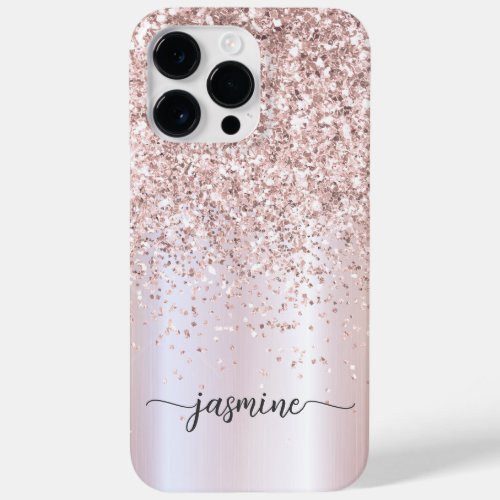 Stylish Rose Gold Glitter Monogram Name Script  Case_Mate iPhone 14 Pro Max Case