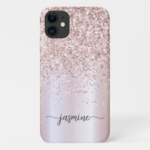 Stylish Rose Gold Glitter Monogram Name Script iPhone 11 Case