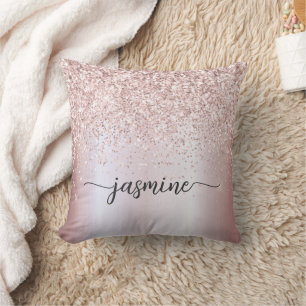 Stylish Rose Gold Glitter Monogram Name Script Throw Pillow