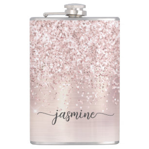 Stylish Rose Gold Glitter Monogram Name Signature Flask