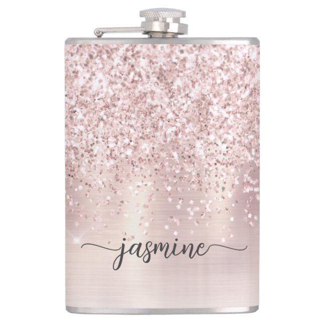 Stylish Rose Gold Glitter Monogram Name Signature Flask (Front)