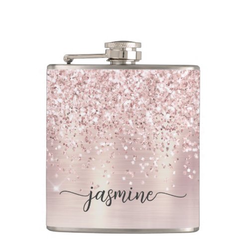 Stylish Rose Gold Glitter Monogram Name Signature  Flask