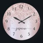 Stylish Rose Gold Glitter Monogram Name Signature Large Clock<br><div class="desc">Girly Glam Blush Rose Gold Glitter Metallic Monogram Name Script Custom Personalized Large Clock. These design featuring your first name in a pretty hand lettered style swash tail font signature typography on blush pink rose gold faux metallic foil with glam sparkle glitter border. These are easy to customize it. Great...</div>