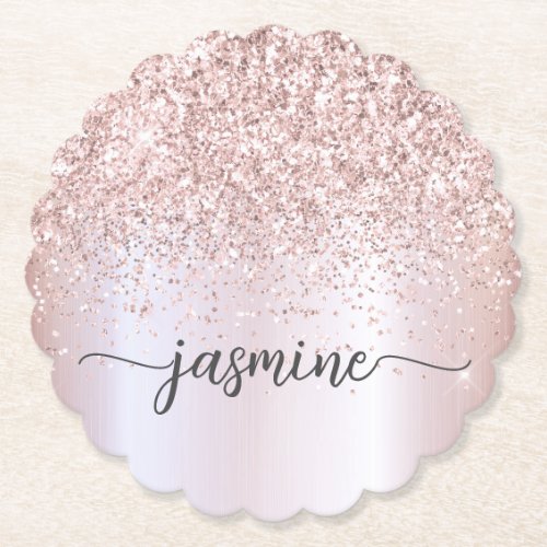 Stylish Rose Gold Glitter Monogram Name Signature  Paper Coaster