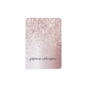 Stylish Rose Gold Glitter Monogram Name Signature Passport Holder