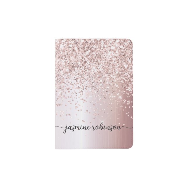 Stylish Rose Gold Glitter Monogram Name Signature  Passport Holder (Front)