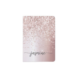 Stylish Rose Gold Glitter Monogram Name Signature Passport Holder
