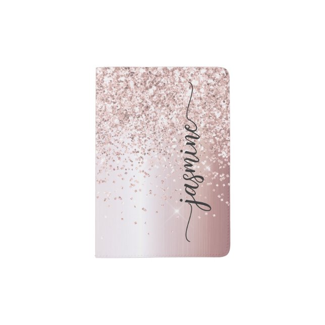 Stylish Rose Gold Glitter Monogram Name Signature  Passport Holder (Front)
