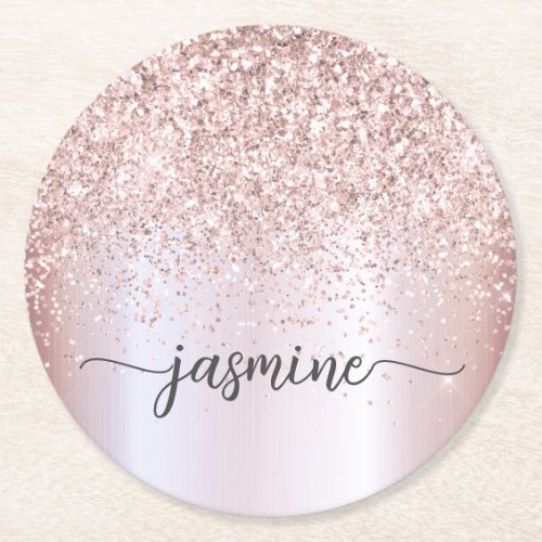 Stylish Rose Gold Glitter Monogram Name Signature Round Paper Coaster
