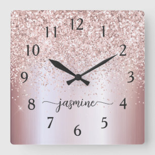 Stylish Rose Gold Glitter Monogram Name Signature  Square Wall Clock