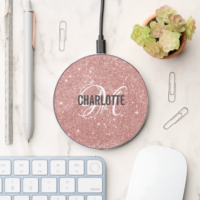 Stylish rose gold glitter monogram name wireless charger  (Desk)