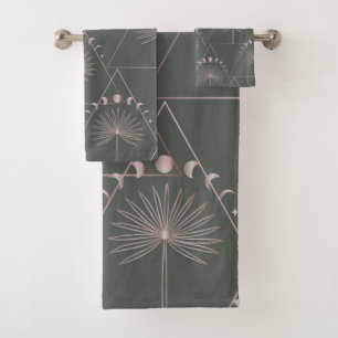 Stylish Rose Gold Gray Palm Leaf Moon Phases Art  Bath Towel Set