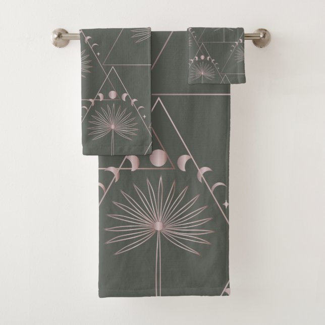 Stylish Rose Gold Gray Palm Leaf Moon Phases Art  Bath Towel Set (Insitu)