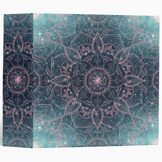 Stylish Rose Gold Mandala Blue Nebula Stars 3 Ring Binder (Front/Spine)