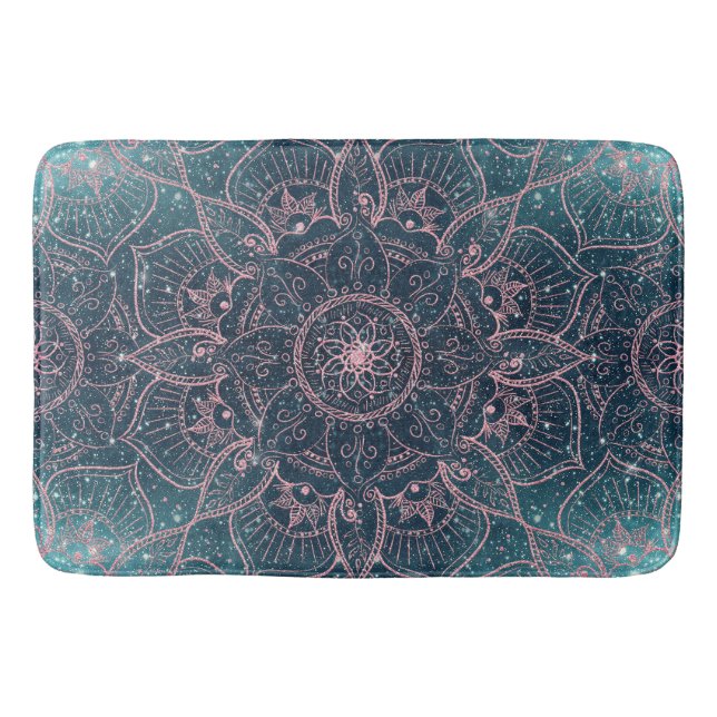Stylish Rose Gold Mandala Blue Nebula Stars Bath Mat (Front)