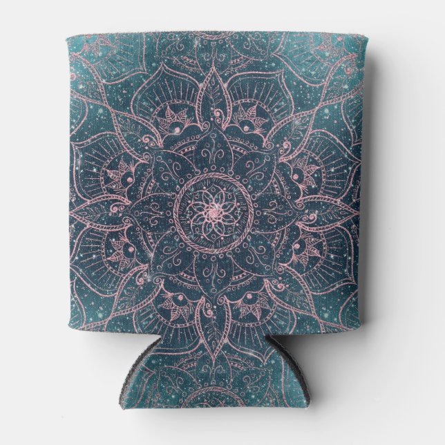 Stylish Rose Gold Mandala Blue Nebula Stars Can Cooler (Front)