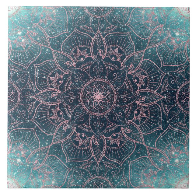 Stylish Rose Gold Mandala Blue Nebula Stars Ceramic Tile (Front)