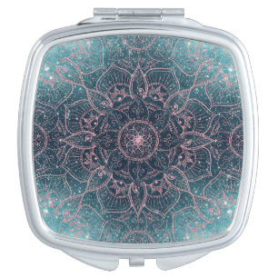 Stylish Rose Gold Mandala Blue Nebula Stars Compact Mirror