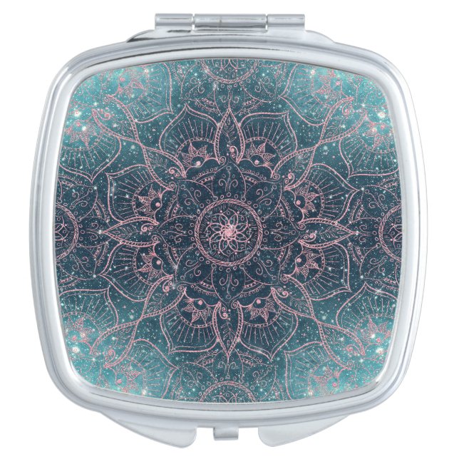 Stylish Rose Gold Mandala Blue Nebula Stars Compact Mirror (Front)