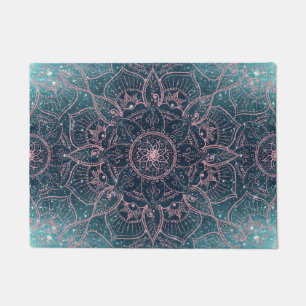 Stylish Rose Gold Mandala Blue Nebula Stars Doormat