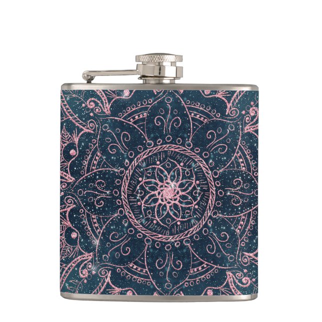 Stylish Rose Gold Mandala Blue Nebula Stars Flask (Front)
