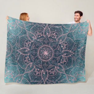 Stylish Rose Gold Mandala Blue Nebula Stars Fleece Blanket