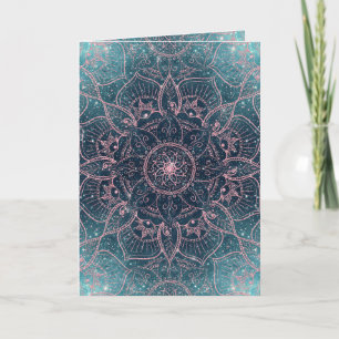 Stylish Rose Gold Mandala Blue Nebula Stars Holiday Card