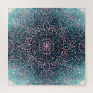 Stylish Rose Gold Mandala Blue Nebula Stars Jigsaw Puzzle
