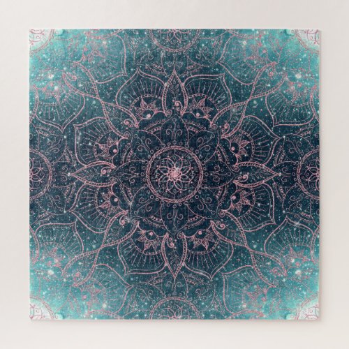 Stylish Rose Gold Mandala Blue Nebula Stars Jigsaw Puzzle