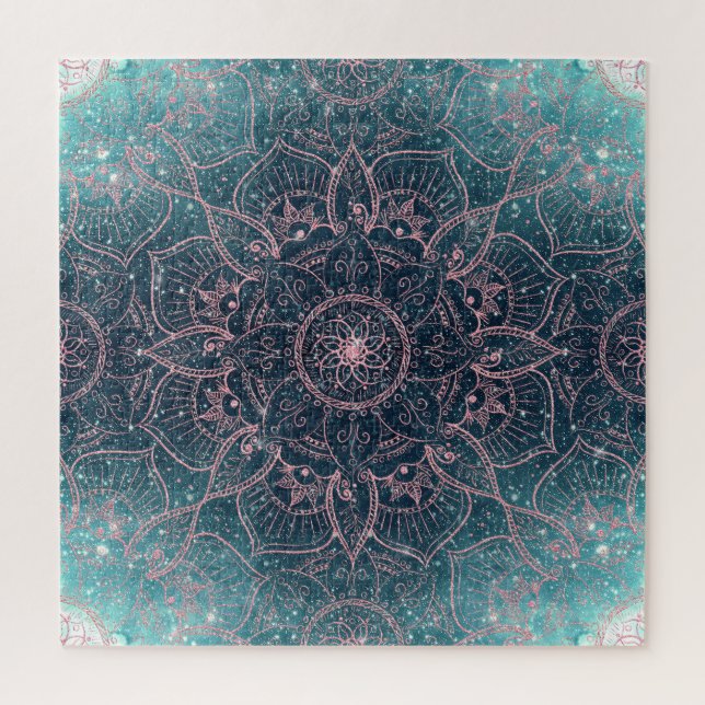 Stylish Rose Gold Mandala Blue Nebula Stars Jigsaw Puzzle (Vertical)