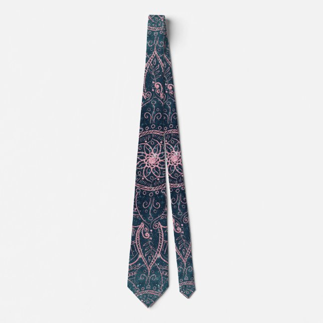 Stylish Rose Gold Mandala Blue Nebula Stars Neck Tie (Front)