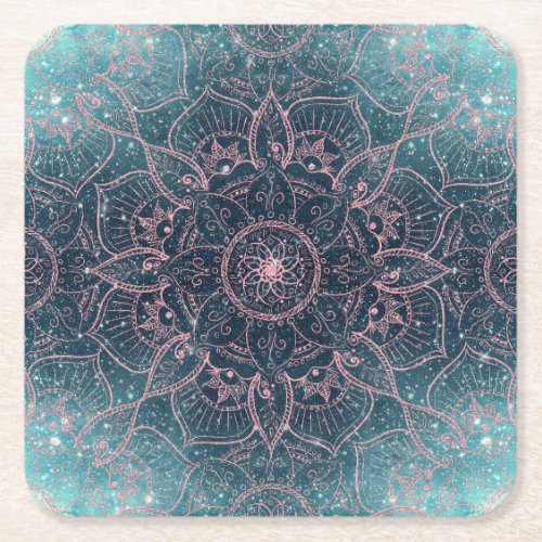 Stylish Rose Gold Mandala Blue Nebula Stars Square Paper Coaster