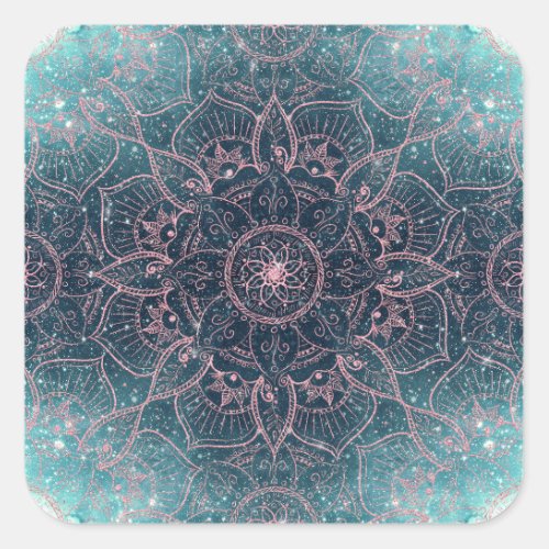Stylish Rose Gold Mandala Blue Nebula Stars Square Sticker