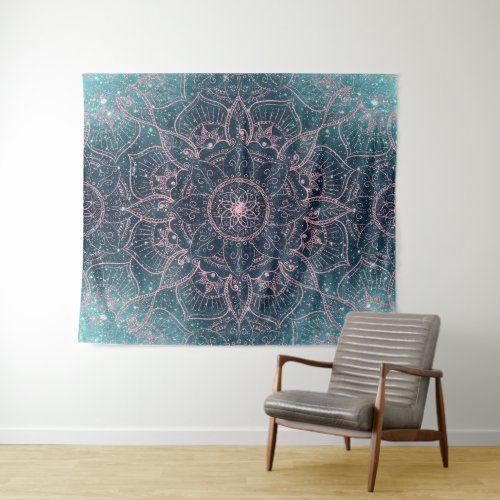 Stylish Rose Gold Mandala Blue Nebula Stars Tapestry