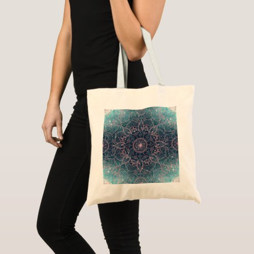 Stylish Rose Gold Mandala Blue Nebula Stars Tote Bag