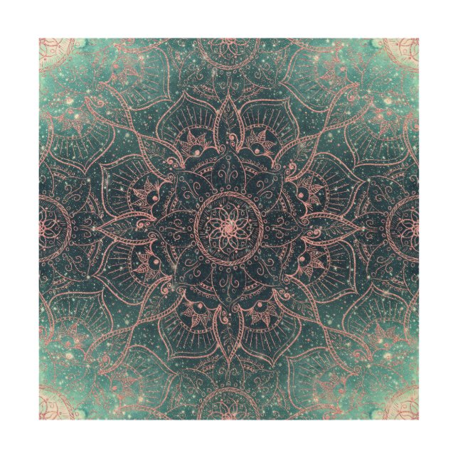 Stylish Rose Gold Mandala Blue Nebula Stars Wood Wall Art (Front)