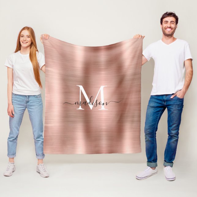 Stylish Rose Gold Monogram Script Brushed Metal Fleece Blanket (In Situ)