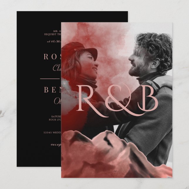 Stylish Rose Gold Mountains Overlay Photo Wedding Invitation (Front/Back)