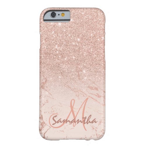 Stylish rose gold ombre pink block marble initials barely there iPhone 6 case