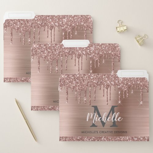 Stylish Rose Gold Pink Glitter Drips Monogrammed  File Folder