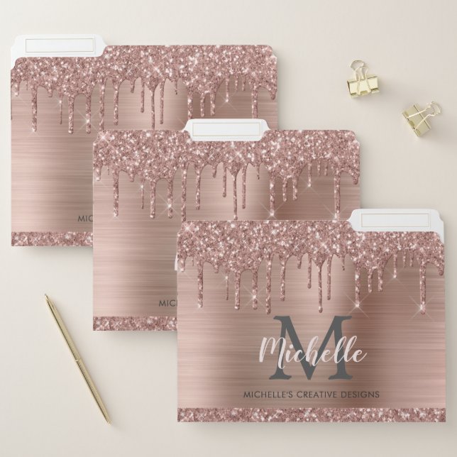 Stylish Rose Gold Pink Glitter Drips Monogrammed  File Folder (Set)