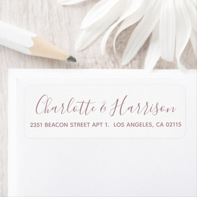 Stylish rose gold script modern chic wedding label (Insitu)