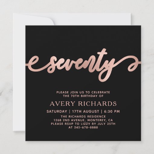 Stylish Rose Gold Seventy Script 70th Birthday Invitation | Zazzle