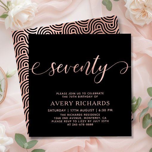 Stylish Rose Gold Seventy Script 70th Birthday Invitation | Zazzle