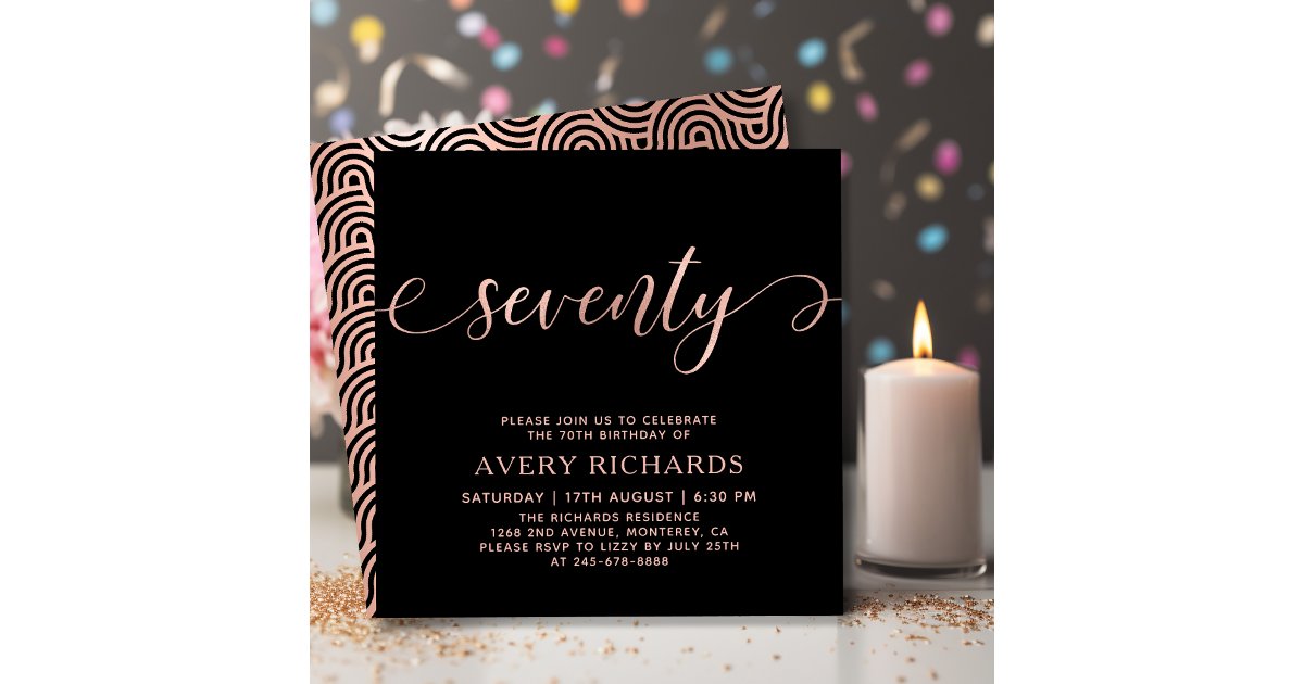 Stylish Rose Gold Seventy Script 70th Birthday Invitation | Zazzle
