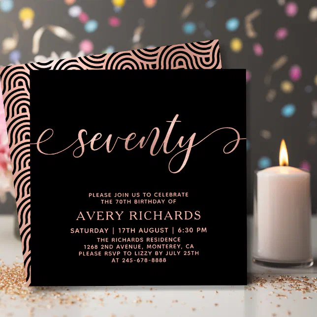 Stylish Rose Gold Seventy Script 70th Birthday Invitation | Zazzle