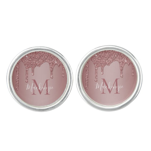Stylish Rose Gold Sparkle Glitter Drips Monogram Cufflinks (Front)