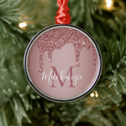 Stylish Rose Gold Sparkle Glitter Drips Monogram Metal Ornament